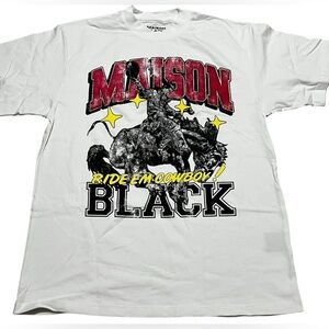 Maison Black men’s White distressed‎ Graphic T-Shirt ride em cowboy size large